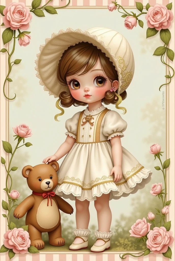 Cute doll with a teddy bear, wearing a dress and hat, vintage-style illustration, pastel colors, roses in the background, striped border. 