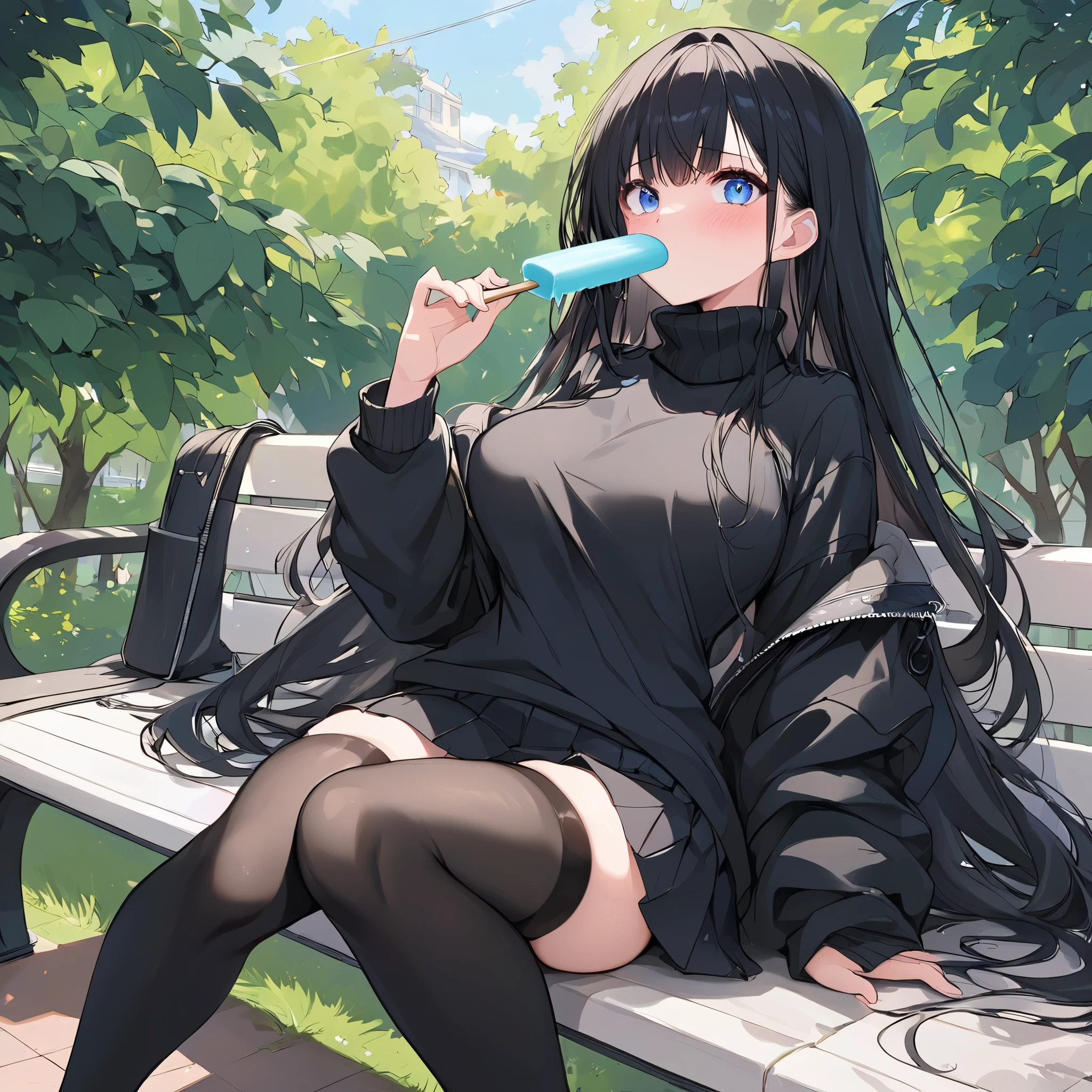 Masterpiece, Very detailed, Best quality, Ultra-detailed, one beautiful very tall brooding girl. lovely long black hair, beautiful deep eyes, well endowed chest. She is wearing a turtle black neck sweater. She is wearing black thigh high stockings. She is wearing a skirt. sitting on a bench. Eating a white popsicle, holding the popsicle to her mouth. she looks embarrassed and surprised at you, small blush.