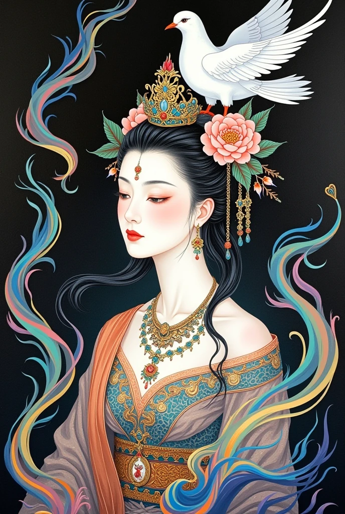 A painting of the goddess Hara with an elegant white dove perched on her head, surrounded by swirling patterns and vibrant colors. She wears intricate jewelry and is set against a dark background. The artwork has elements reminiscent of the traditional Japanese art style, featuring delicate lines and soft edges that give it a dreamy quality.