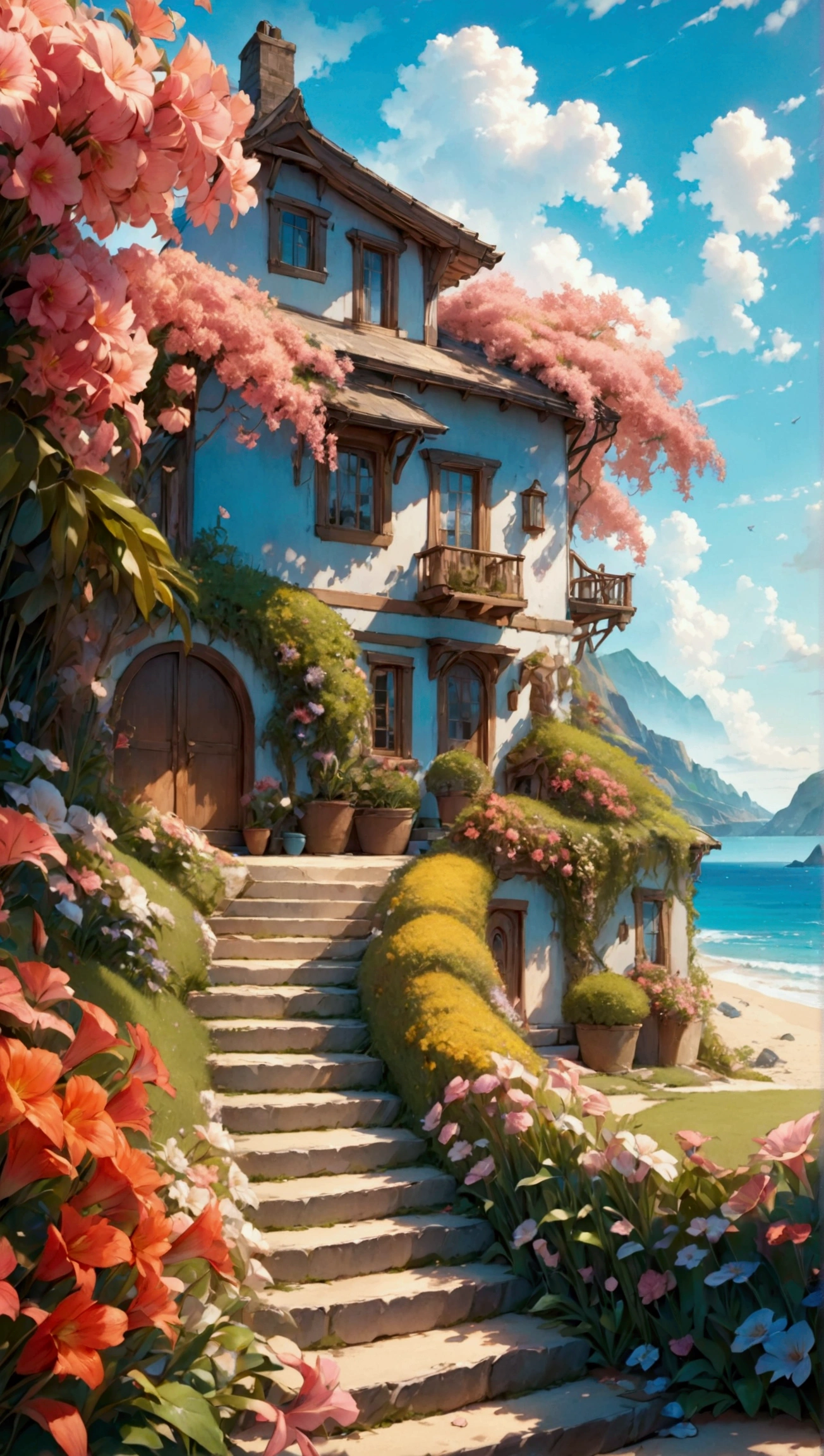 8k, high quality, masterpiece, close-up of anime movie. Very detailed, the foreground is a beautiful house on the hill, surrounded by flowers, and the distant view is a beautiful beach by the sea, as beautiful as a fairy tale