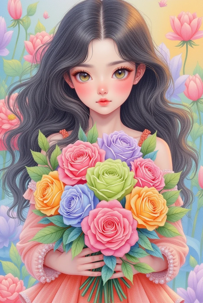 A beautiful girl with long, curly hair, big eyes, and gorgeous flowers in her hand - pink, green, yellow, blue, and purple roses. Colorful fantasy colors in a colored pencil drawing, in the style of anime, with high resolution, delicate details, and a colorful background in a fantasy style. Bright, colorful, and cute, with a pink blush, green eye shadow, a floral dress, and a dreamy, princess-like atmosphere.