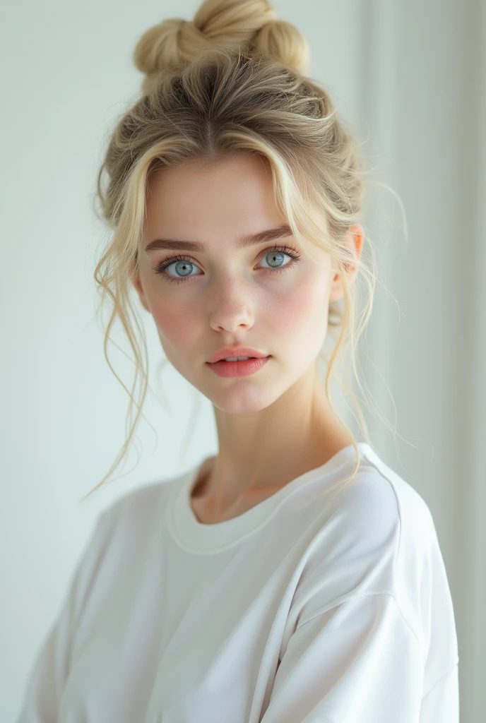 Girls 20 years old an eye contact of a blond with bun hair and white theme, t-shirt