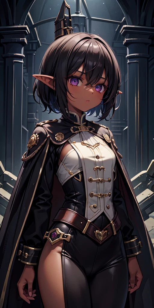 28 years old, woman, dark elf, dark brown skin, black skin-tone, flat in the , man's guard uniform, half victorian, half steampunk, 1girl, solo, short hair, sensitive masterpiece, newest, absurdres,very aesthetic,best quality