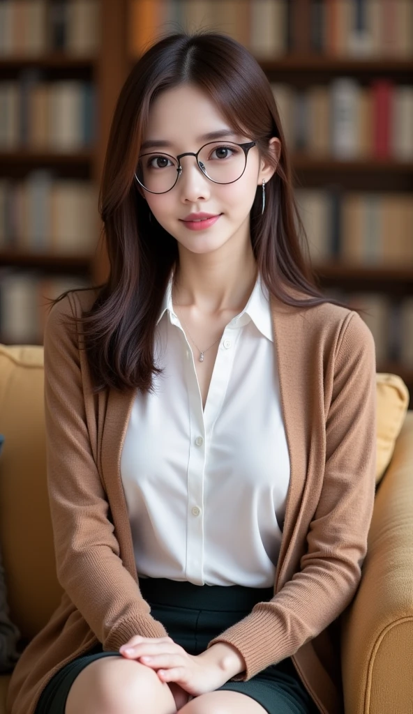 Photo real style，A young Korean beauty，brown hair，shawl long hair，Exquisite facial features，The face is rosy and shiny，Perfect body，Round and full，Sit in front of the office，Short skirt professional attire，wear glasses，wear earrings，wear necklace，full-body shot，Her posture is confident and elegant，Slender face，sweet and cute，Warm and affectionate eyes，warm tones，Ambiguous atmosphere。