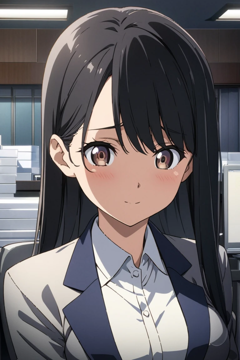 ( Japanese Anime,Illustration:1.3), best quality,  face focus ,  soft light,  ultra high resolution,  Japanese female working adults in private offices , solo, cute, ( Embarrassing Smile :0.5), ( Brown Eyes , Light in the eyes, black hair),  detailed and beautiful face,  (Slightly larger breasts),( high-resolution detail of the texture of human skin),  long straight hair), break, In a small office,  dark blue business suits, cowboy shots,