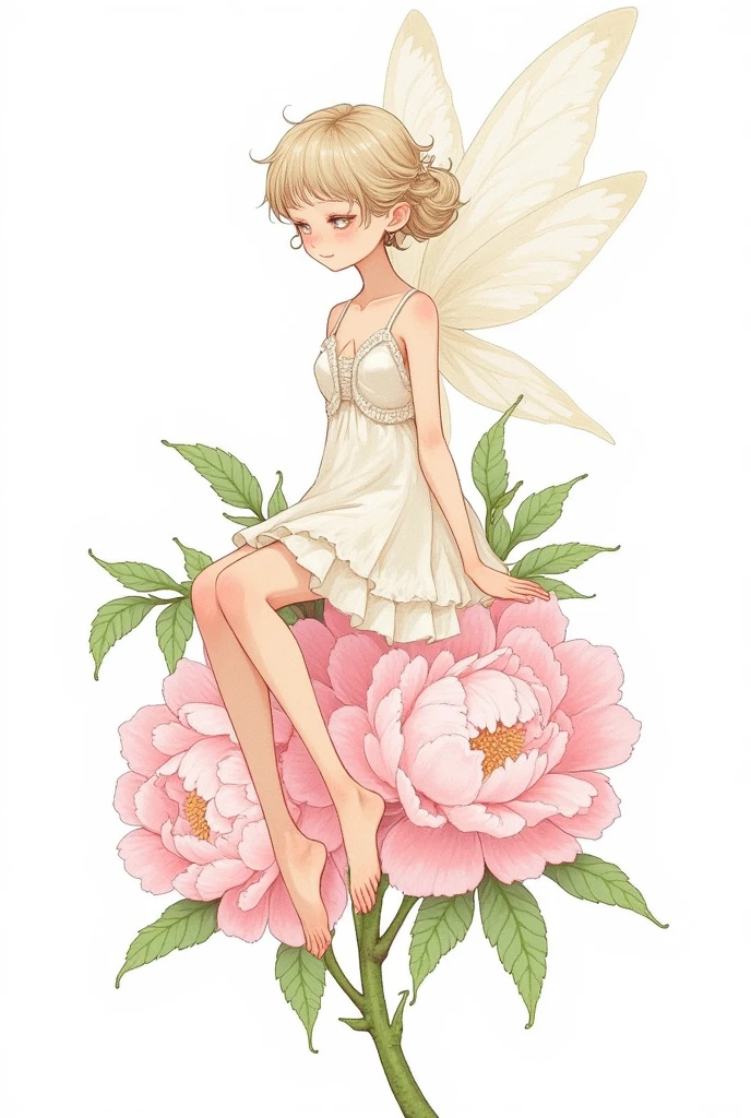 A fairy with wings is sitting on top of large blooming peonies, legs crossed behind her back and wearing an off-white dress with ruffles in the style of Hayao Miyazaki. The illustration is a watercolor painting with a white background and pastel colors. It is a full-body shot of the fairy in a flat, vector design that is highly detailed and a digital drawing with high resolution, isolated from the white background.