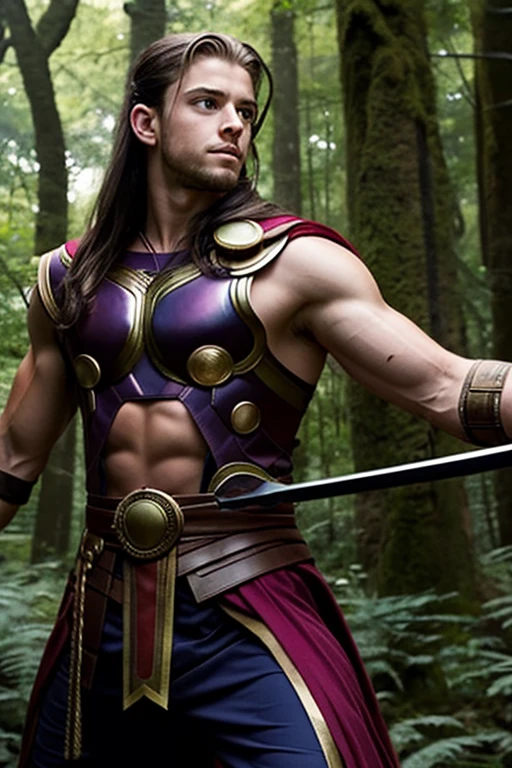 muscular 17-year-old Asgardian boy , Training with the sword in a forest in Asgard