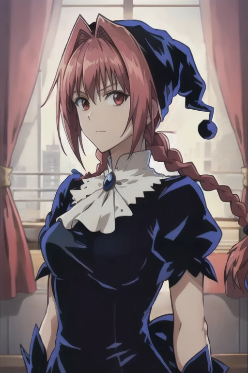 masterpiece, best quality,highres,dorothy, red hair,red eyes, hat,dress,braid, black dress, looking at viewer,