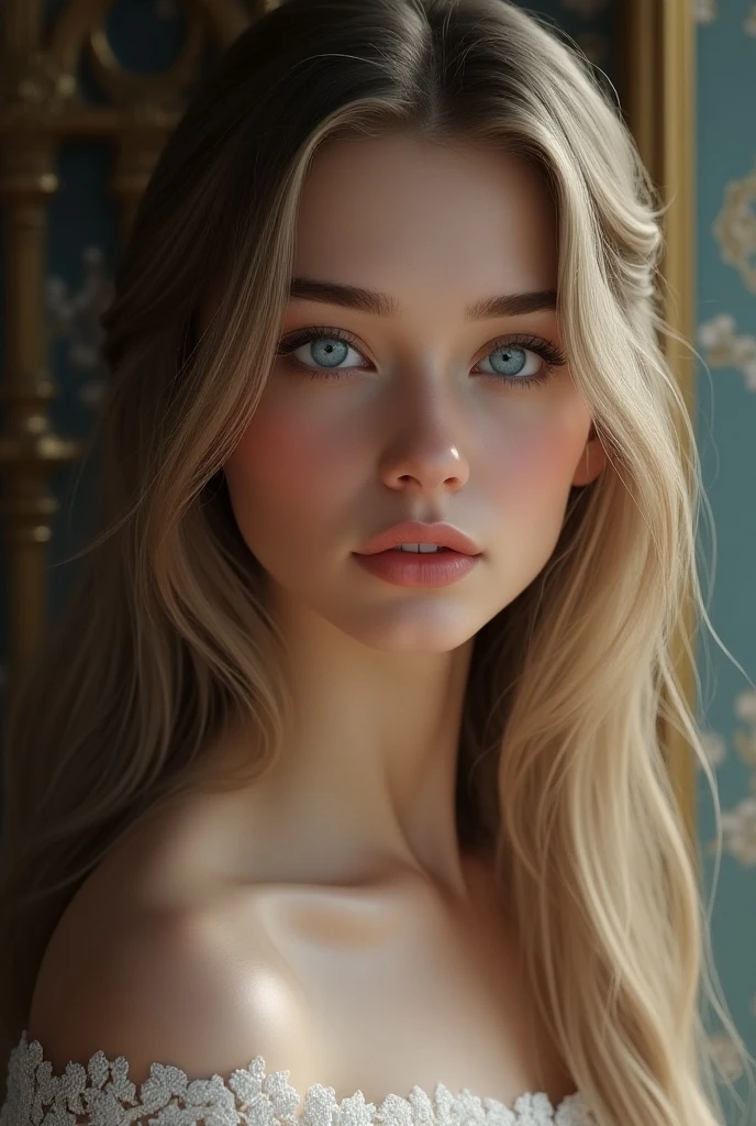 portrait of a woman with ((very white skin)) and rosy, small blue eyes, full and very red mouth, ((long, blonde hair with some dark highlights)), intricate details, wearing a tight red dress, image sexy