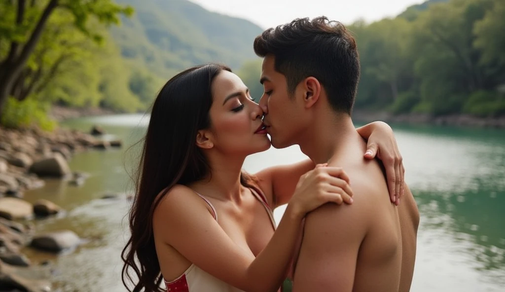 A sexy Indonesian girl is kissing passionately on the lips with her lover on the river bank, taken with a Nikon D850 DSLR camera, lensa 85mm f/1.8, bright lighting, 8k resolution.