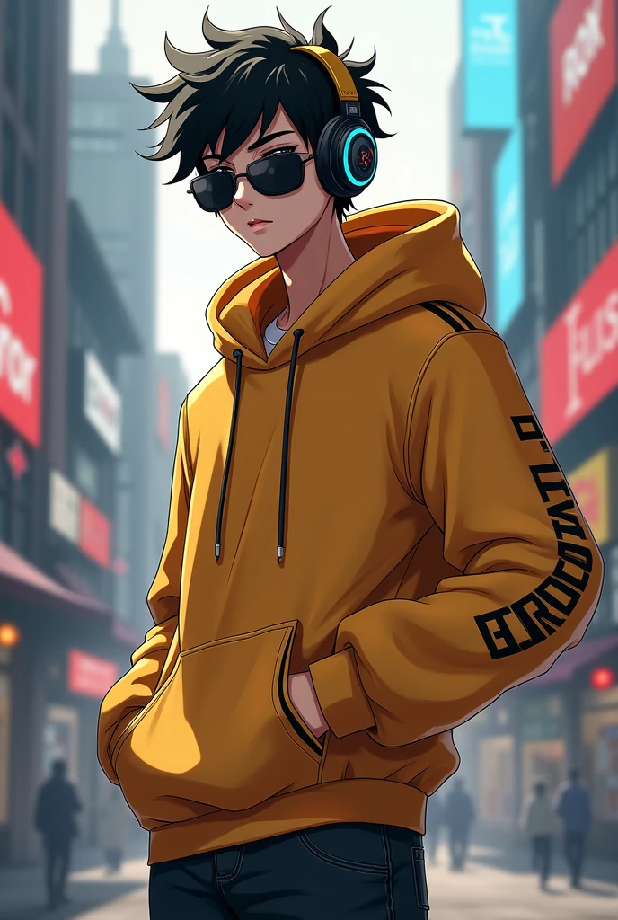 Create anime character wearing golden
hoodie and sunglasses with gaming headphone boy
