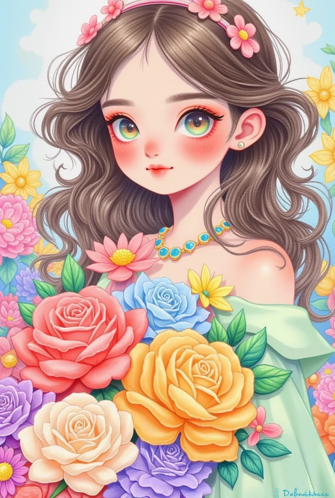 A beautiful girl with long, curly hair, big eyes, and gorgeous flowers in her hand - pink, green, yellow, blue, and purple roses. Colorful fantasy colors in a colored pencil drawing, in the style of anime, with high resolution, delicate details, and a colorful background in a fantasy style. Bright, colorful, and cute, with a pink blush, green eye shadow, a floral dress, and a dreamy, princess-like atmosphere.