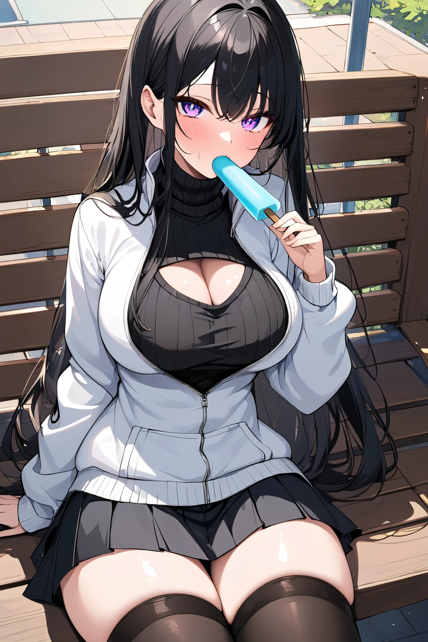 Masterpiece, Very detailed, Best quality, Ultra-detailed, one beautiful very tall girl. lovely long black hair, beautiful deep heart eyes, well endowed chest. She is wearing a turtle black neck sweater with a cleavage opening. She is wearing black thigh high stockings. She is wearing a skirt. sitting on a bench. Eating an popsicle, holding the popsicle to her mouth. she looks surprised at you, small blush.