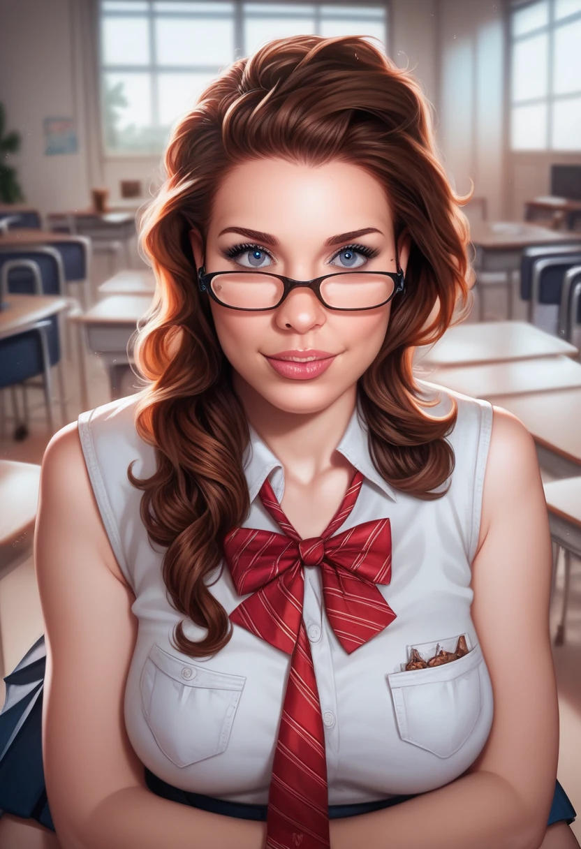 a woman with glasses is holding a giant chocolate dille, a photorealistic painting by Android Jones, trending on pixiv, process art, hyperrealistic schoolgirl, a hyperrealistic schoolgirl, realistic schoolgirl, thick glasses, high quality fanart, with a very large mouth, ultra realistic picture, cute detailed artwork, extremely detailed artgerm, realistic cartoon