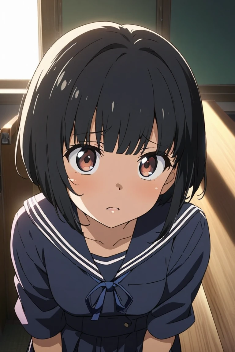 ( Japanese Anime,Illustration:1.3), best quality,  face focus ,  soft light,  ultra high resolution,  Japanese female working adults in private offices , solo, cute, ( Embarrassing Smile :0.5), ( Brown Eyes , Light in the eyes, black hair),  detailed and beautiful face,  (Slightly larger breasts),( high-resolution detail of the texture of human skin),  long straight hair), break, In a small office,  dark blue business suits, cowboy shots,