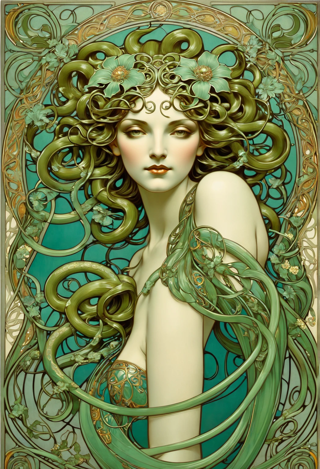 ccxl-Mucha ,  art StMedusa Art Nouveau
A composition centered on the figure of Medusa ,  with her head surrounded by stylized snakes forming curvilinear patterns characteristic of Art Nouveau. The face would be enigmatic , With a mesmerizing look ,  while details such as scales on the snakes and ornaments in the hair would have been raked to create textures .yle, flowers, portrait  