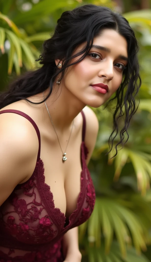 Day scene, extreme long shot photo of sexy indian, big cheeks, curvy, sexy navel, winking eyes, biting lips, bending over viewer in a garden, off shoulder strapless cowl neck lace bra, deep cut neckline, perfect figure, swooping big breasts, deep cleavage, ponytail hair, necklace, look at viewer and smile, (cinematic:1.3), intricate details, (ArtStation:1.2) INFO