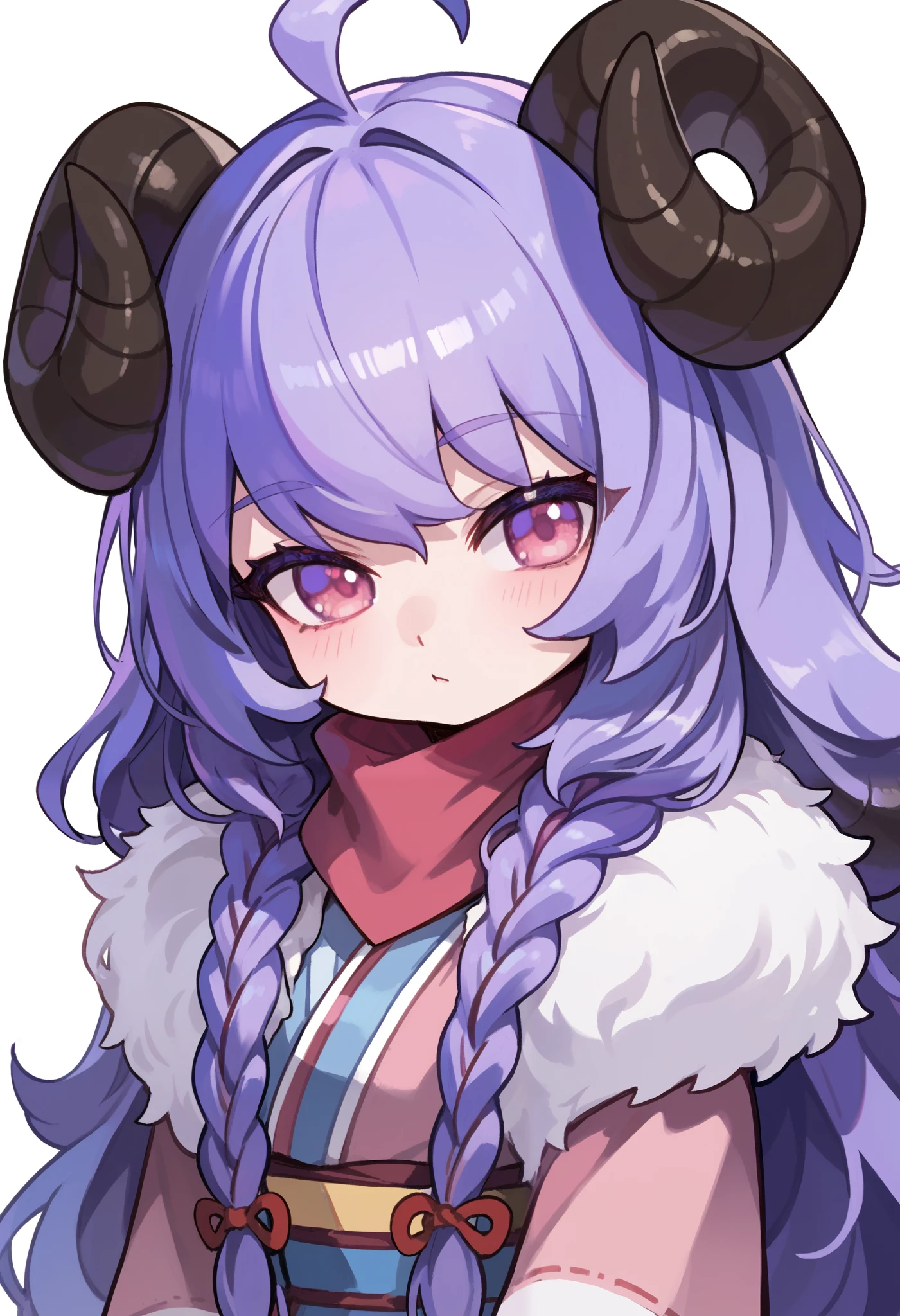 Masterpiece, anime, ((chibi)), outlines, 1girl, Sbkin, sheep girl, long hair, purple hair, braids, curved horns, pink eyes, ahoge, japanese clothes, scarf, fur trim, upper body, leaning forward, neutral, serene, head tilt, white background, simple background, score_9, score_8_up, score_7_up, unaestheticXL_bp5