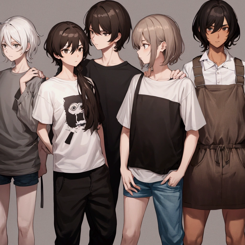 On the right is tall, with light brown hair (the front half of his hair is light brown). One eye is white and one eye is black. A pale guy in his 20s wearing a black and white striped sleeved shirt (sleeves rolled up) and jeans.
The one on the left has short hair, slightly darker hair than the boy on the right (but still light brown), and dark brown eyes. A 15-year-old wearing a white sweatshirt and black baggy pants, pale girl.
And behind them is a shadowy silhouette.
The background is black and red tones.
All of them looking at the screen.