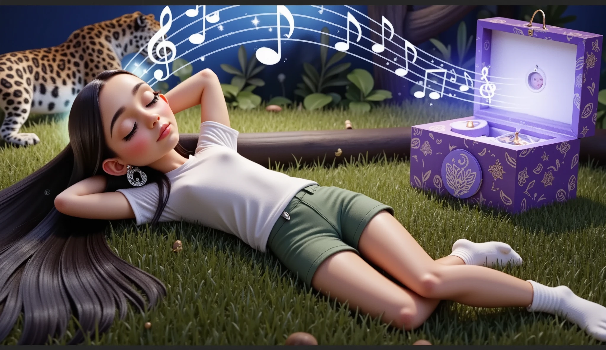 Inspired by the poster of a high quality and high resolution 3D Disney movie, set the image of a girl, ****, , *******, AGE: 12Y, BEAUTIFUL, SENSUAL AND ATTRACTIVE, lying on a grass using her arms as a pillow she has long straight black hair that spreads across the grass she is wearing a white t-shirt, she is wearing very short green safari style shorts she is wearing white socks she is with her eyes closed and sleeping deeply connected with nature, all the elements in the background, including the jaguar and the music box appear SMALLER AND BLURRED, ONLY AS ELEMENTS THAT COMPLEMENT THE SCENE, THE IMPORTANCE OF THE BOX IS THE LIGHT IT EMITS FROM ITS INTERIOR LIGHTING UP THE ENVIRONMENT AND THE NOTES MUSICALS THAT APPEAR ALMOST ETERNAL IN THE SCENE, BUT PRESENT IN THE ENTIRE ENVIRONMENT. In the background we see a jaguar lying down with its eyes closed and sleeping, an image blurred so as not to take attention away from the main character. Behind the jaguar, we have a blue music box with a white background, and I feel a white light that expands in the background of the environment, softly emitting golden musical notes that spread throughout the forest. The environment is a beautiful night of stars and a full moon. Around the girl, there are trees and plants typical of the Amazon. She is beautiful, sensual and attractive.