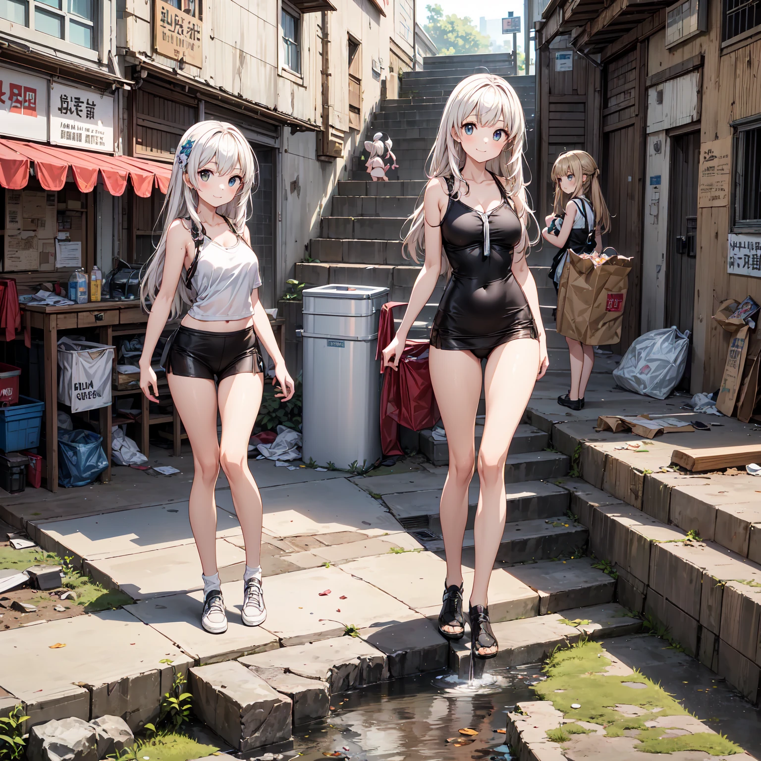 
(masterpiece、 best quality)、((3 girls、Girl in summer clothes 、 detailed face ))、smile、Have fun exploring as a group、Figure-centered composition、(Poor conditions)、( housing complex、An abandoned hot spring town 、Dark and unsanitary、Bulky garbage、Battleship Island:1.2、Stairs to the basement、 Underground Shopping Mall)、 perfect anatomy