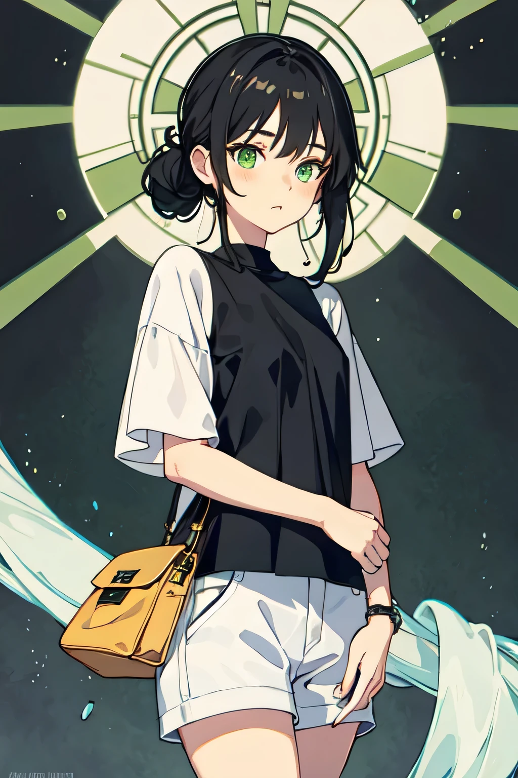 One with long light black hair tied together , light green eyes , wearing casual clothes