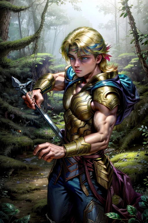 muscular 17-year-old Asgardian boy , Training with the sword in a forest in Asgard