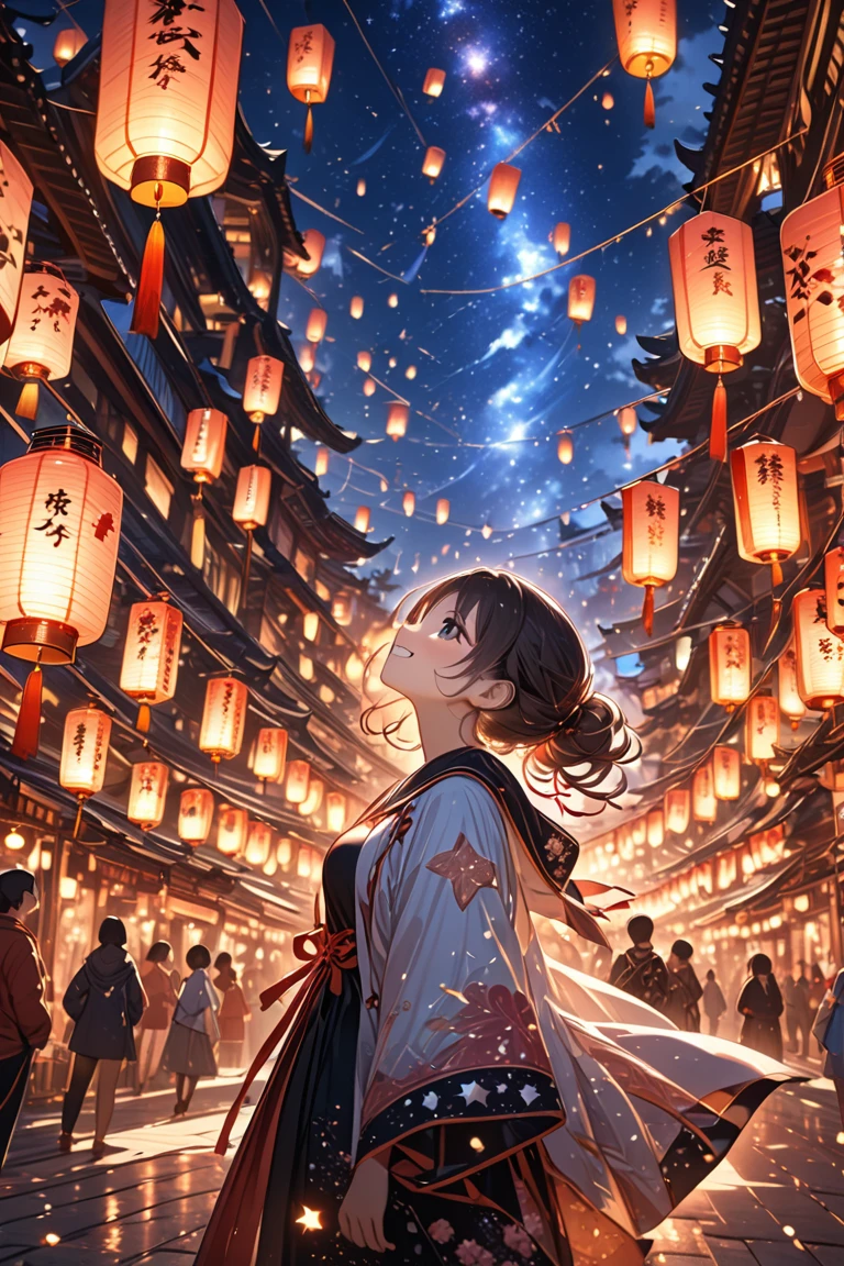 1girl,beautiful detailed black eyes, beautiful detailed face,playing kites, kites, bright smile, looking up, from side, nigh time, many flying lantern on the sky, floating lanterns,sky with various connected star astrological sign, Sagittarius star ,glowing lantern, lantern festival, amazing quality, masterpiece, high detailed, 4K UHD,