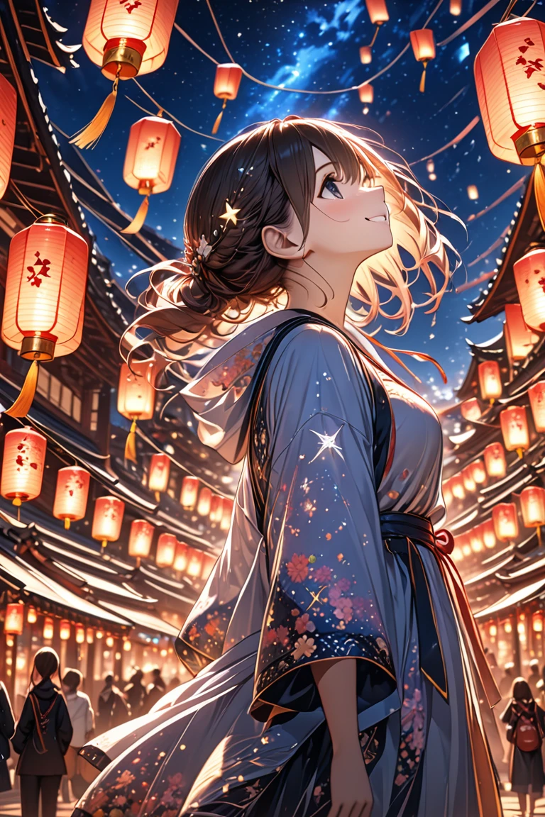 1girl,beautiful detailed black eyes, beautiful detailed face,playing kites, kites, bright smile, looking up, from side, nigh time, many flying lantern on the sky, floating lanterns,sky with various connected star astrological sign, Sagittarius star ,glowing lantern, lantern festival, amazing quality, masterpiece, high detailed, 4K UHD,