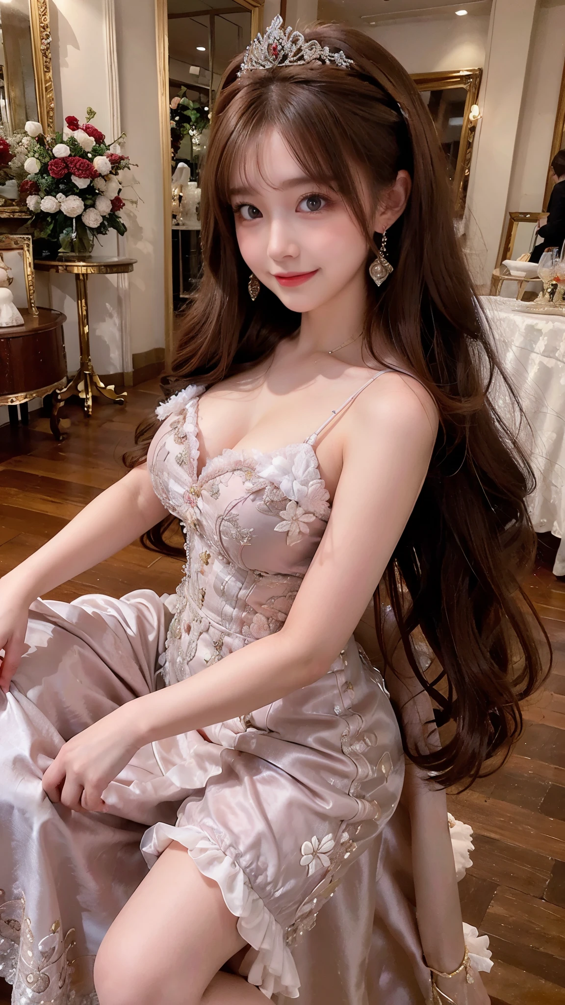  beautiful big princess woman,     chestnut hair    ,    beautiful eyes,   smiling,  actual , Full HD,   very nice dress ，Fluffy dress ，Curvy body，Gorgeous scene，Gorgeous decoration