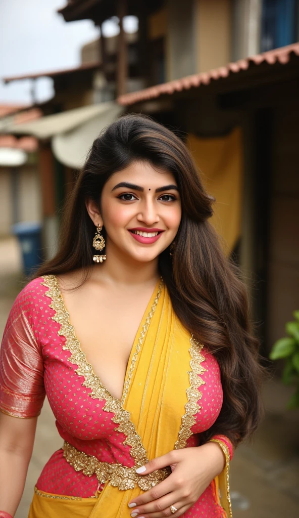 (RAW, best quality,4k,8k,highres,masterpiece:1.2) Indian woman wearing saree (blouse, petticoat), 39 years old, (chubby cheeks:0.9), (curvy body:1.1), (eyeglasses), (bindi), married Indian woman, sindoor and mangalsutra, An Indian beauty, charismatic, dark-skin, view the viewer, naughty smile, Indian slums