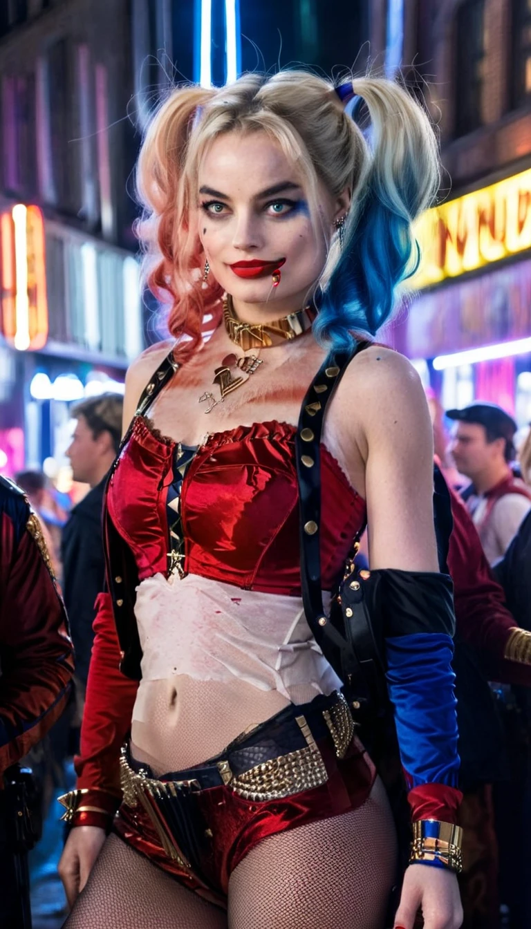  Creates a realistic image of a woman dressed as a character inspired by Hardy Margot Robbie's Quinn ..  She has blond hair styled in two pigtails .,  with the tips dyed red and blue .  She wears a red and black corset top with lace details ,  red pants , and a choker necklace .  Her makeup includes striking eye colors that match her hair and a small heart on her cheek.  The background is a vibrant city street at night ,  with neon lights and a bustling crowd of people .  The general atmosphere is avant-garde and dynamic .,  capturing a playful but mischievous environment .  hyperrealistic photo ,   vibrant colors , 16K