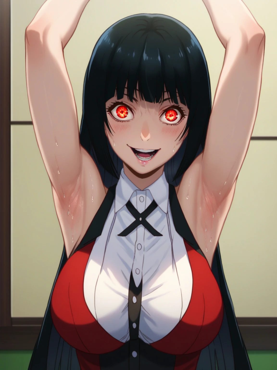 score_9, score_8_up, score_7_up, source_anime, 1girl, solo,indoors, day, Jabami Yumeko, red eyes, black hair, long hair, bangs, large breasts, red blazer, white shirt, looking at viewer, eye contact with viewer, smile, (smug:0.8), open mouth, light blush, laughing, sleeveless shirt, bare shoulders, bare arms, black background, arms up, raised arms, arms behind head, armpits, sweaty armpits, detailed armpits