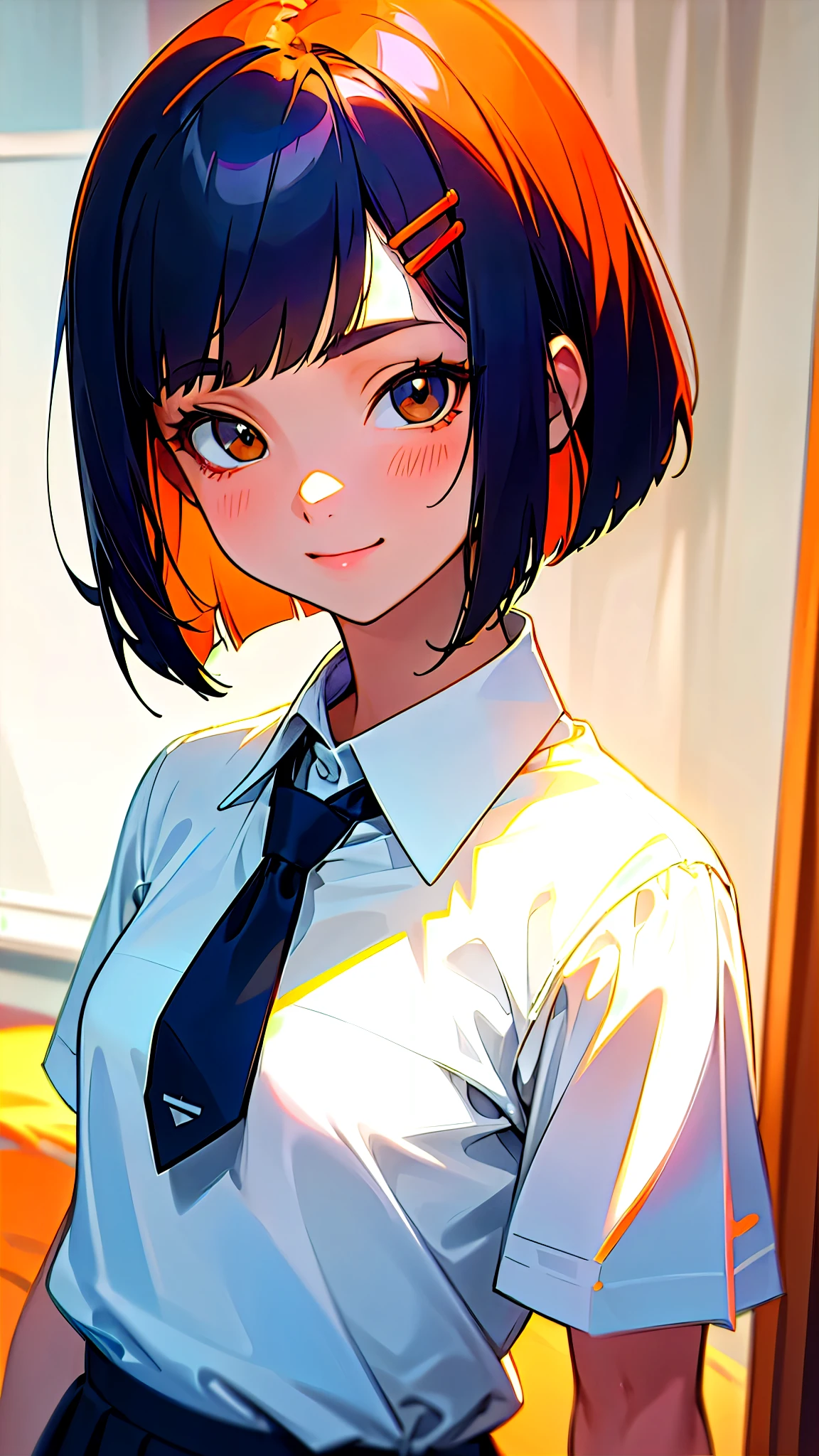  girl、solo、 white polo shirt、 white miniskirt 、 dark blue hair 、 bob cut from the front、 jet black brown eyes 、 tie hair with an orange hair clip、smile、 upper body close-up、bedroom、 bedroom 、Bokeh、 High Quality 、4K、 portrait、 bright color、 natural light。