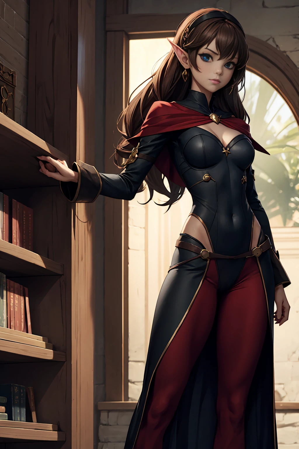 GlowingRunes_red, perfect eyes:1.2, detailed eyes:1.4, realistic:1.4, crazy eyes, crazy smile, red hair, hair over shoulder, holding book, book, robe, cape, fringe, tentacles, argyle, checkered, clothing cutout, thighhighs, makeup, lipstick, hood up, cleavage, 1girl, solo, (masterpiece:1.6, best quality),