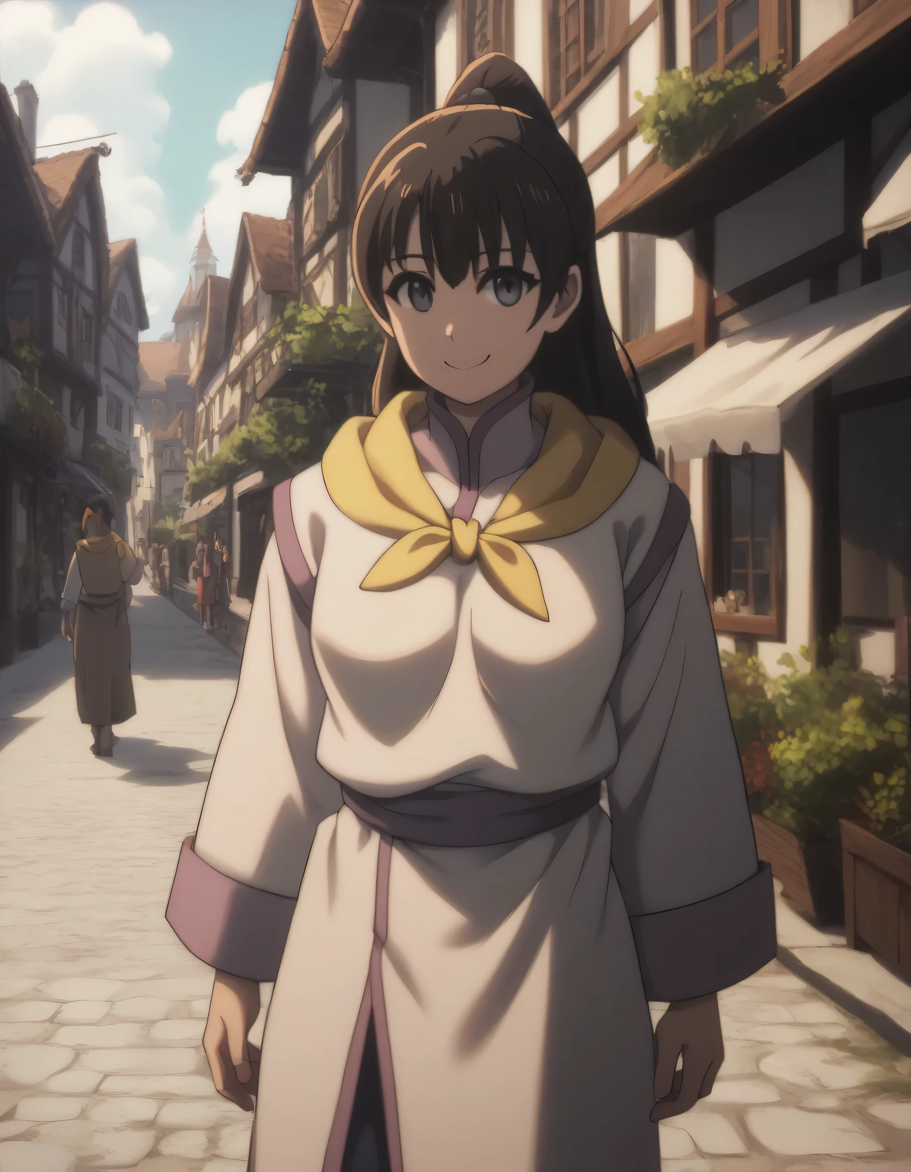 score_9, score_8_up, score_7_up, gsfghtr, multicolored robe, neckerchief, 1girl, bright, best lighting, smile, town square