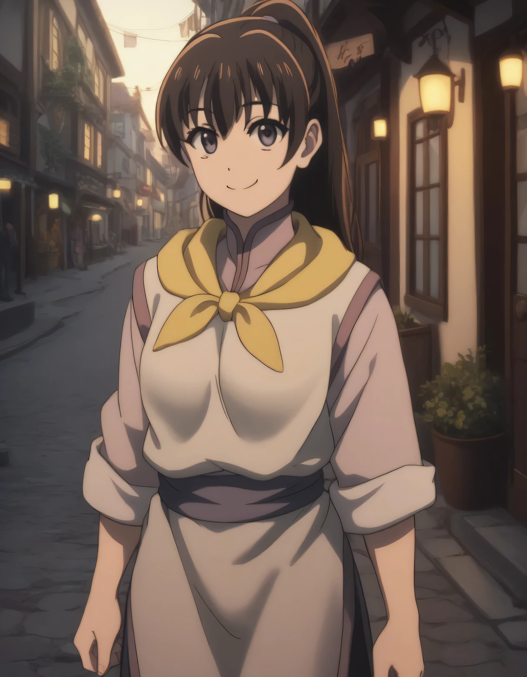 score_9, score_8_up, score_7_up, gsfghtr, multicolored robe, neckerchief, 1girl, bright, best lighting, smile, town square