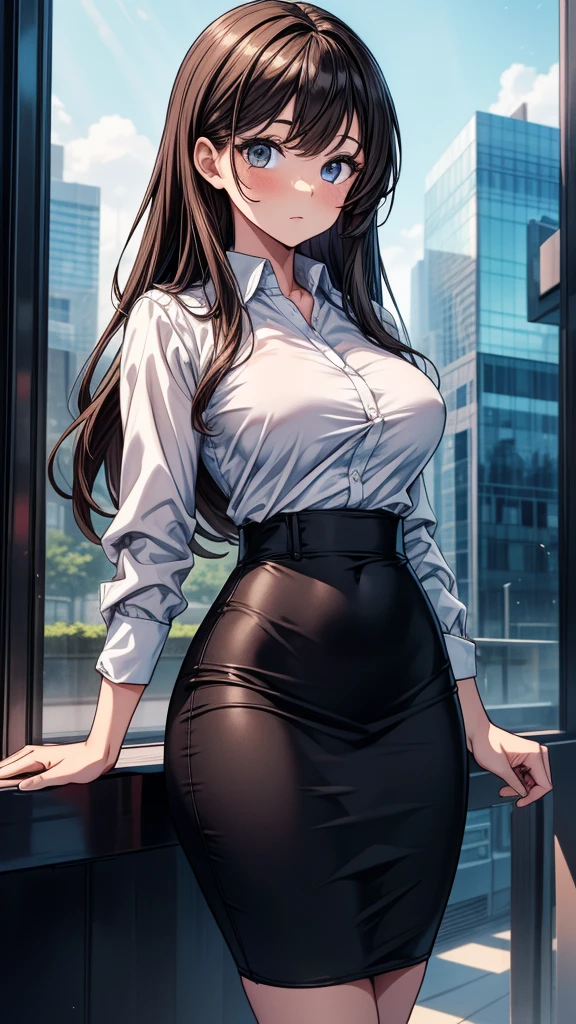 anime style illustration a beautiful and elegant woman in her late 30s with long, flowing dark hair and captivating green eyes. She is dressed in a sophisticated, high-end business suit that highlights her authoritative and commanding presence. She stands in a luxurious office, behind a large mahogany desk, with an aura of confidence and power. The office is adorned with lavish decorations and a panoramic window view of a bustling cityscape, emphasizing her status as a powerful businesswoman. Her expression is one of intelligence and determination, yet there is a hint of warmth and allure in her gaze.