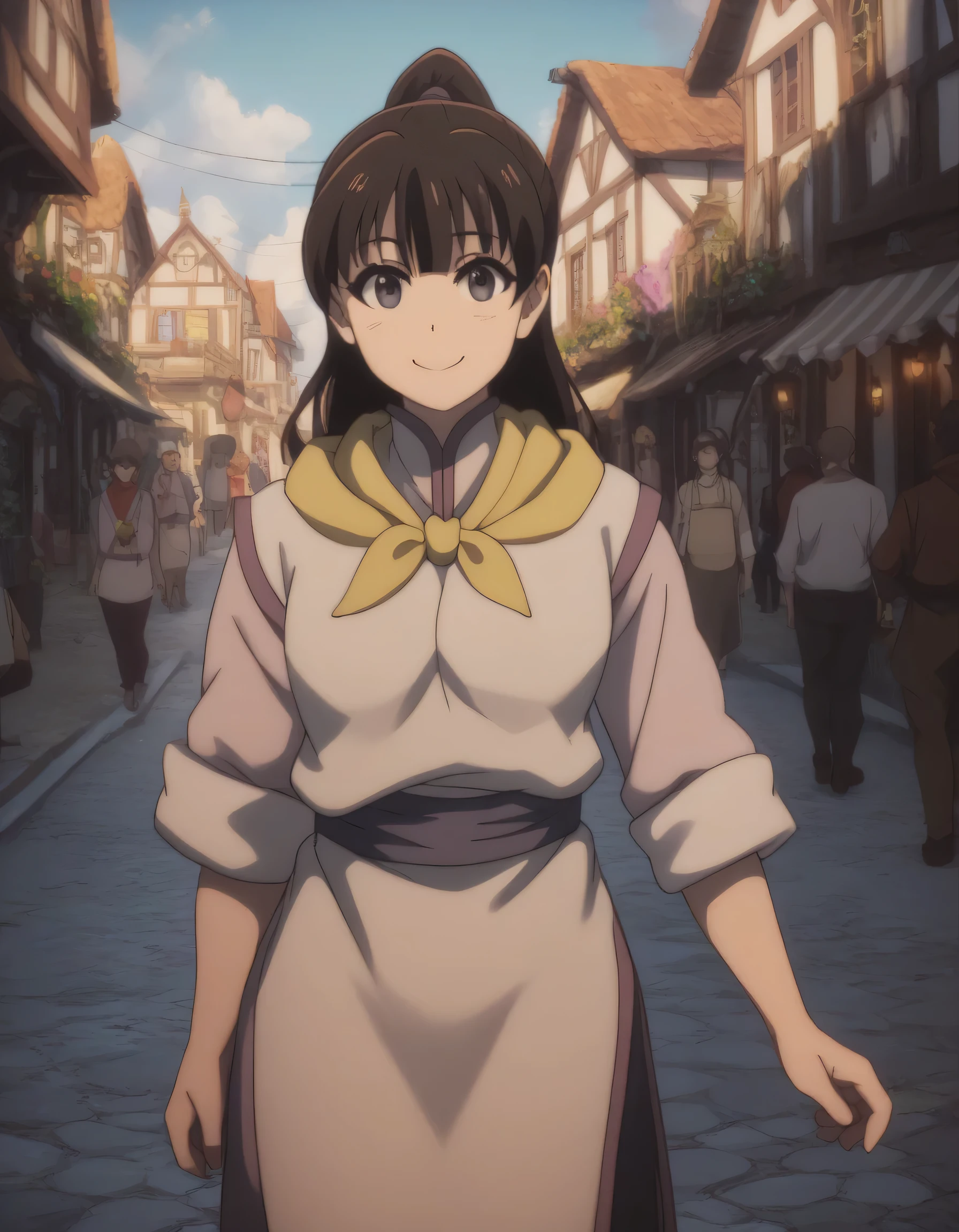 score_9, score_8_up, score_7_up, gsfghtr, multicolored robe, neckerchief, 1girl, bright, best lighting, smile, town square