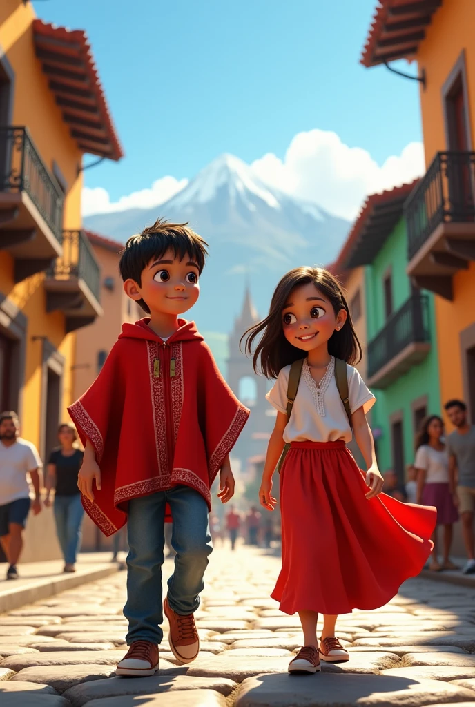 Create a horizontal background image of the Plaza de Armas in Arequipa with a girl, a boy and a gray cat with a white chest and green eyes