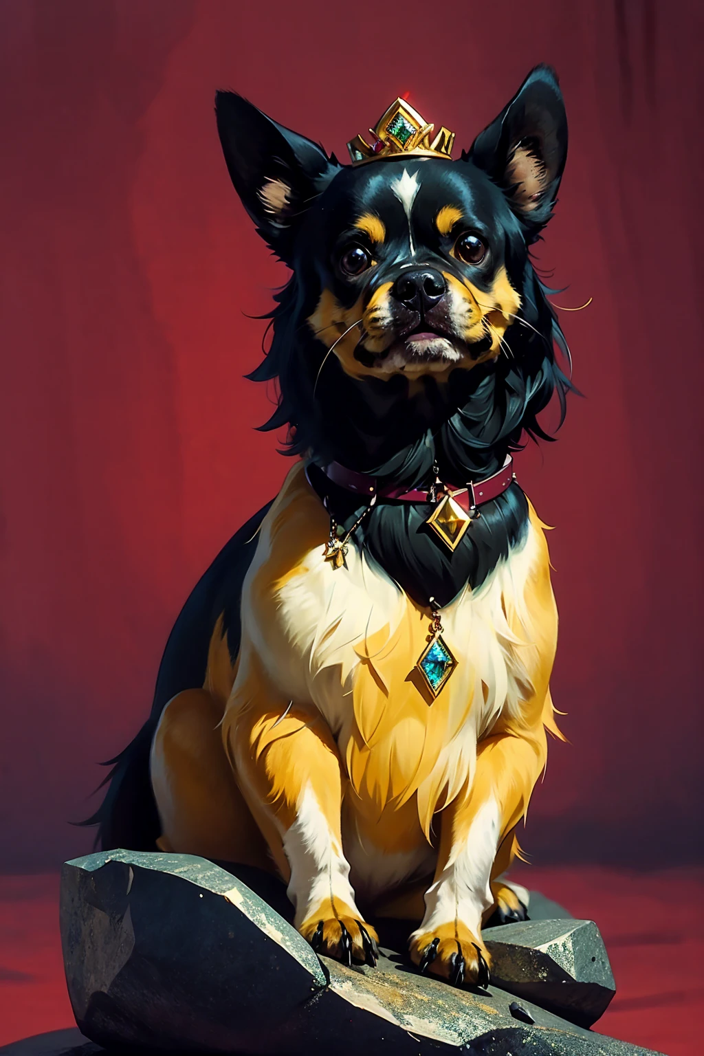 An anthropomorphic Chihuahua sits on a shiny rock decorated with golden enamel, trying to resemble a diamond. Its posture is lofty, as if it truly believes it’s a throne. The background shows a simple natural environment, highlighting the contrast between the rock and the character’s pretension