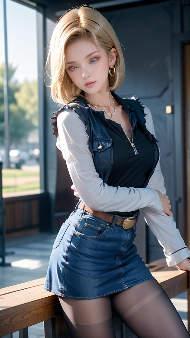 Android 18, Blonde hair, Blue eyes, eyeslashes, hoop earings, Short hair, earring
bring, black sock, Black shirt, breast pocket, cleavage, clavicle, Denim, Denim skirt, high waisted skirt, jewelry, Long sleeves, Pocket, shirt, shirt tucked in, Skirt, streaked, Striped sleeves, waistcoat,