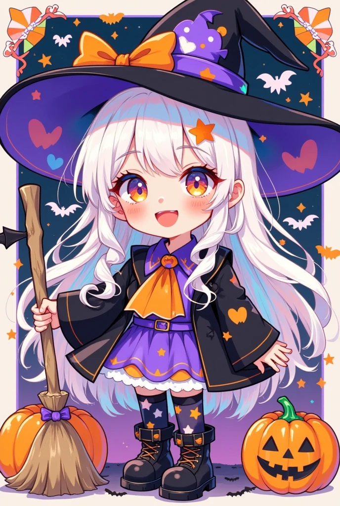 alette, in a cute K-pop style with white hair, holding a broomstick and wearing black boots and an oversized hat, against a Halloween-themed background, with a small "Halloween" banner at the bottom of the page. Colorful cartoon illustrations, bold lines, a full-body shot, a cute little face, cute eyes, a happy, smiley mouth, and pastel tones, in a digital art style on Pixiv with a white border. 