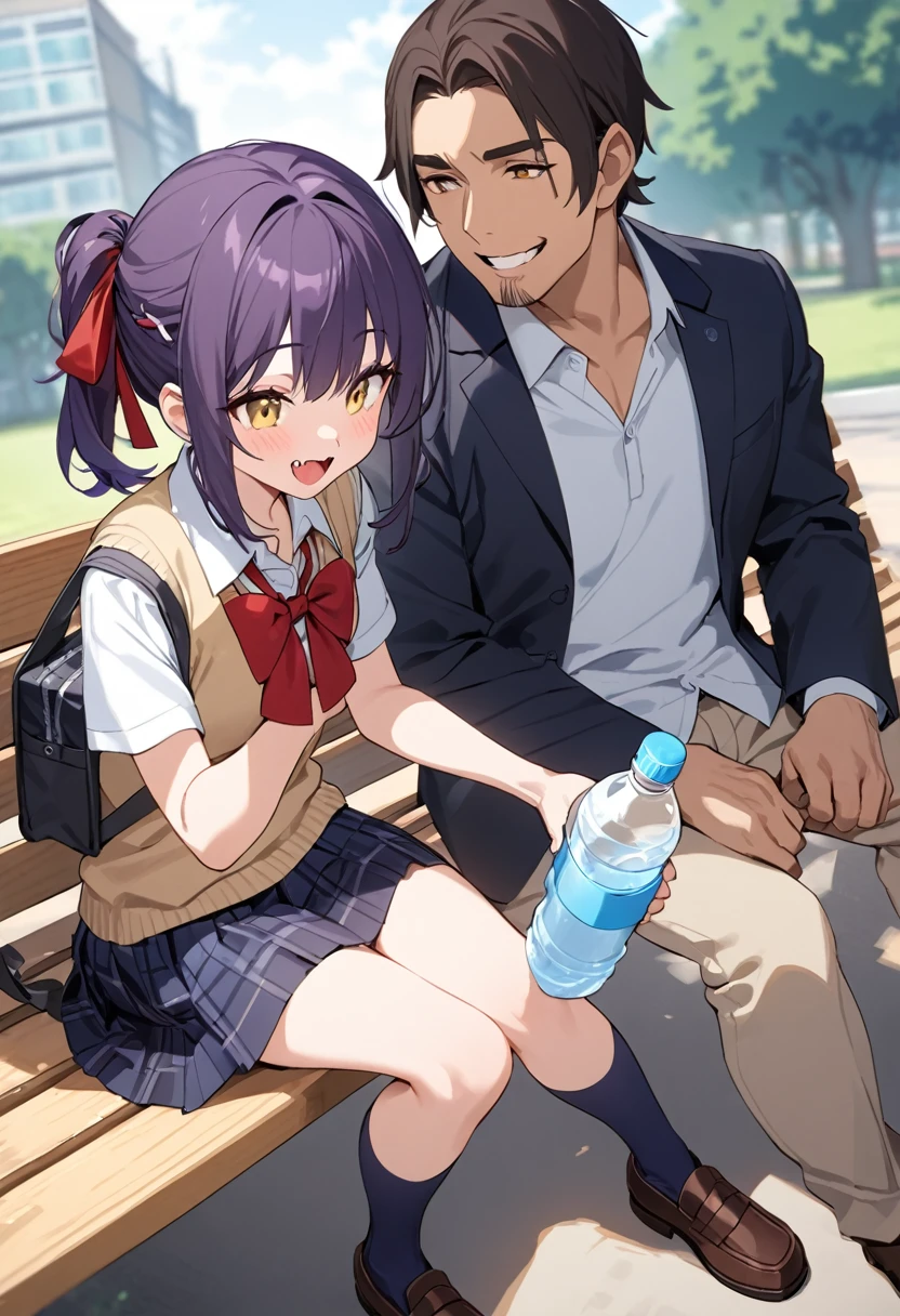  best quality、((One young girl、 1 middle-aged man))、 short ponytail、 Big Ribbon Hair Ornament 、Dark purple hair、 yellow eyes、Cute Fangs、Red Ribbon Necklace 、 school uniform、brown school bag、Navy blue socks、Brown shoes、smile、Schoolyard Bench 、 sitting、I'm drinking water from a PET bottle、男性が少女の隣に sitting