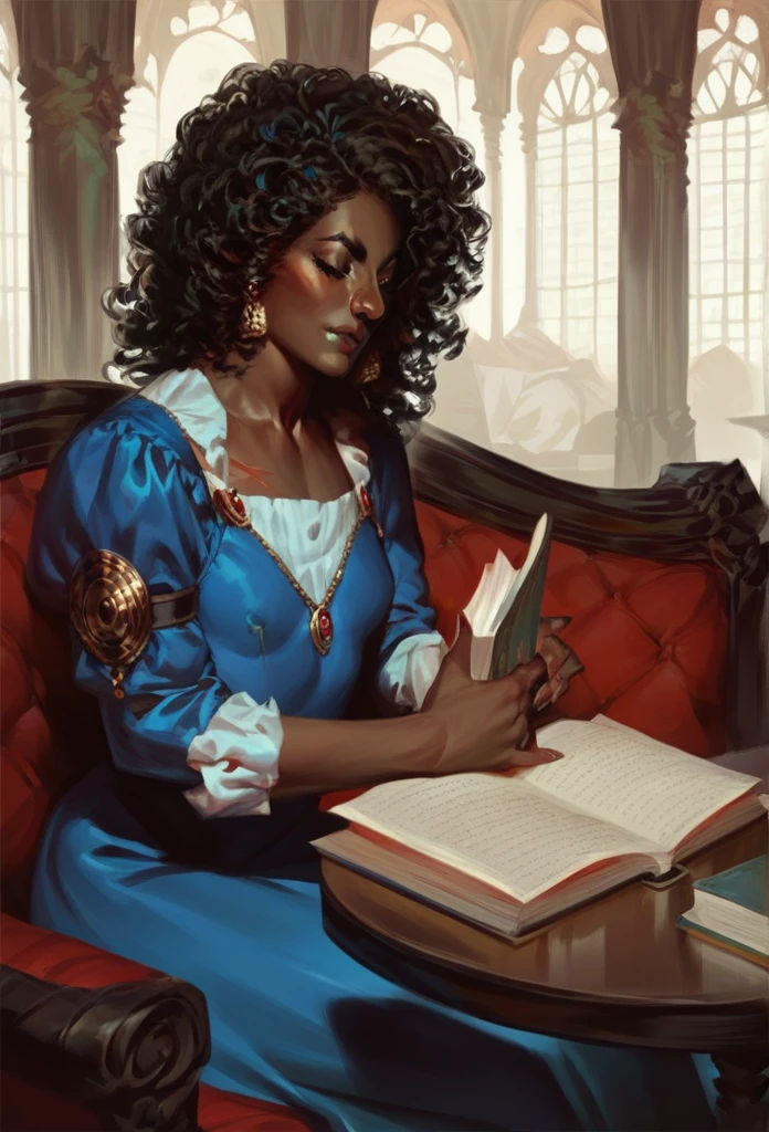 Dark-skinned woman with curly hair. Wearing a blue dress. Sitting at a table reading a book Scars 