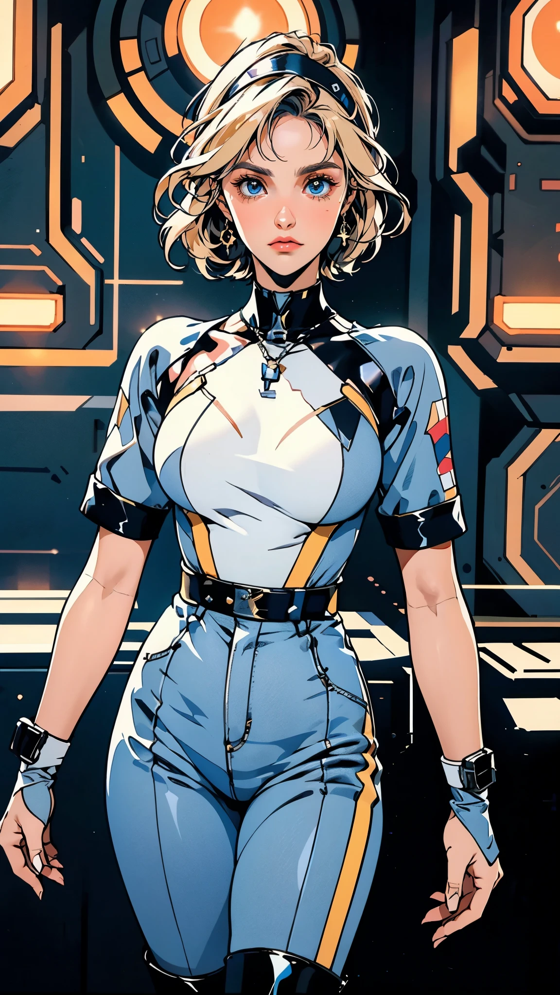 (masterpiece:1.2, best quality:1.2, extremely delicate:1.2), ((Alexandra Daddario:1.2)), a girl with short light golden hair, a metal headband on her forehead, icy gaze, detached expression, smooth and exquisite facial appearance, perfect body, perfect skin, porcelain skin, pale skin, sci-fi military uniform, short sleeves, gloves, short skirt integrated with the outfit, dark fitted pants, knee-high military boots, the color scheme is primarily Blue with White and Yellow accents, surrounded by AR virtual interfaces, standing in a futuristic sci-fi-styled room, this character embodies a finely crafted futuristic sci-fi female officer in anime style, exquisite and mature art style, exquisite photography, Photo realism, photorealistic, even and soft lighting on face, dramatic, high definition, highres, ultra-detailed, ultra-fine painting, professional, perfect body proportions, anatomically correct, symmetrical face, extremely detailed eyes and face, high quality eyes, creativity, RAW photo, UHD, 32k, portrait lighting, Natural light, cinematic lighting, (masterpiece-anatomy-perfect:1.2)