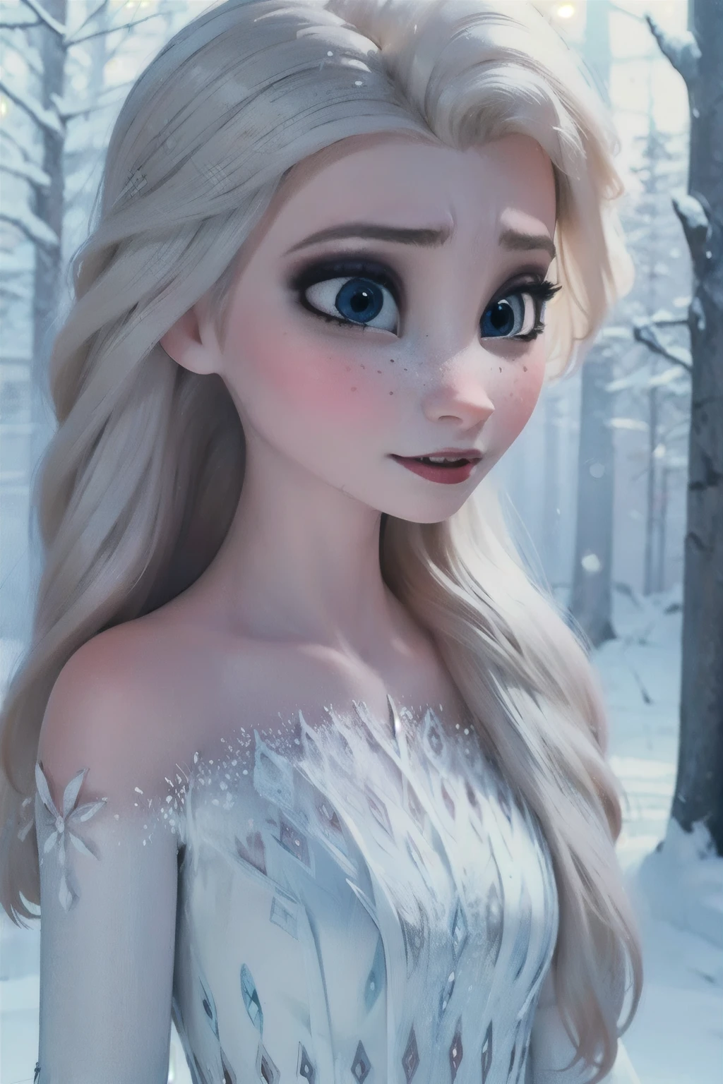 Elsa Disney princess, platinum blonde hair, side braid, blue eyes, pale skin, freckles, nightdress, winter forest setting, stunning 8k detail