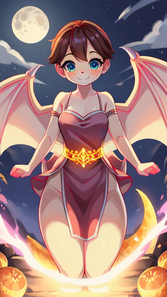 This image features an adorable goddess exuding a youthful charm. She wears a beautiful robe adorned with intricate patterns and golden accents. In her right hand, she holds a glowing sword, while her left hand cradles a scale, symbolizing justice and power.
Behind her, large, magnificent wings spread wide, enhancing her ethereal presence. Smaller wings emerge from her waist, gently enveloping her abdomen, adding to her endearing appearance. The background showcases swirling purples and oranges, along with twinkling stars and a moon, creating a mystical and otherworldly ambiance. The overall composition beautifully blends cuteness and divinity.