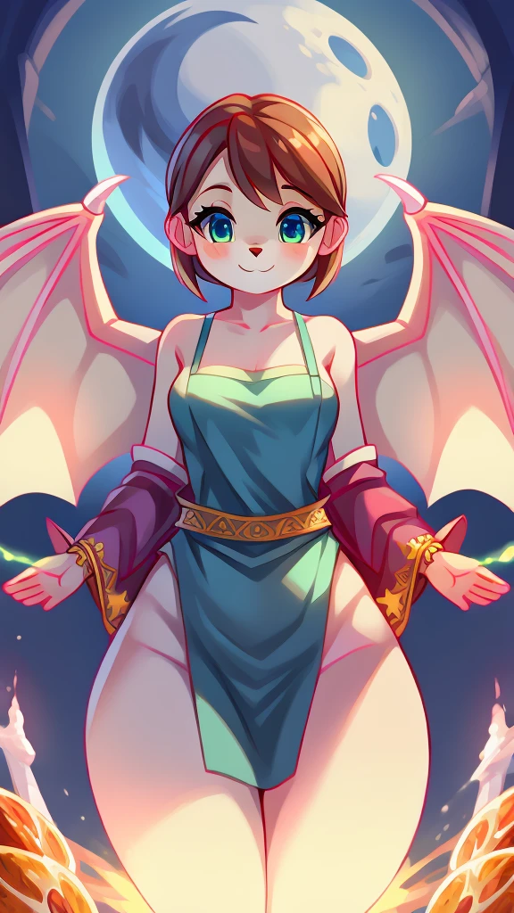 This image features an adorable goddess exuding a youthful charm. She wears a beautiful robe adorned with intricate patterns and golden accents. In her right hand, she holds a glowing sword, while her left hand cradles a scale, symbolizing justice and power.
Behind her, large, magnificent wings spread wide, enhancing her ethereal presence. Smaller wings emerge from her waist, gently enveloping her abdomen, adding to her endearing appearance. The background showcases swirling purples and oranges, along with twinkling stars and a moon, creating a mystical and otherworldly ambiance. The overall composition beautifully blends cuteness and divinity.