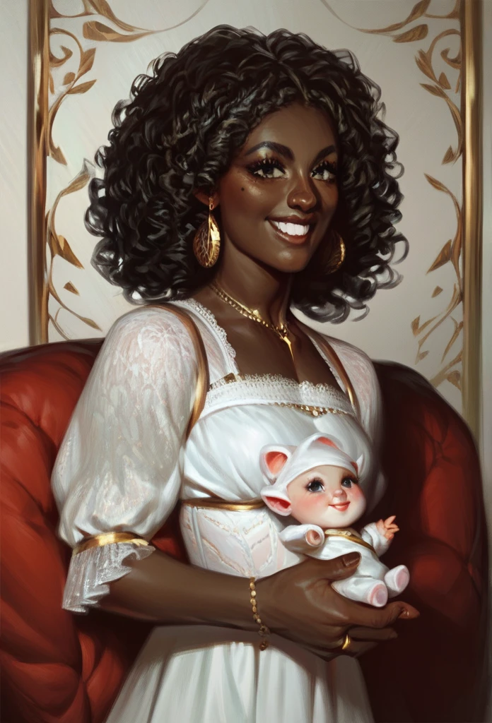 Dark-skinned woman with curly hair. Wearing a white dress. Holding a baby humano Smiling 